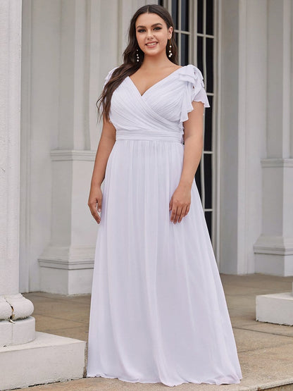 Plus Size Ruched Bodice Formal Evening Dresses with Ruffles Sleeves #color_White 