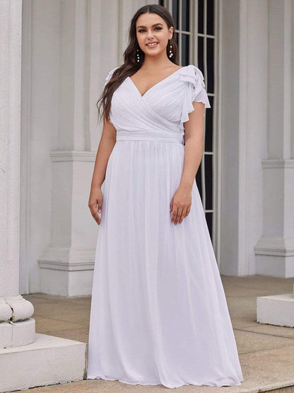 Elegant Pleated Bodice Ruffles Sleeves Chiffon Evening Dress #color_White 