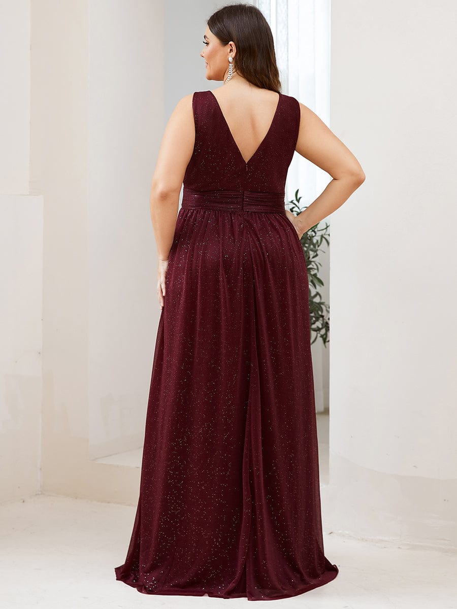 Double V Neck Floor Length Sparkly Evening Dresses for Party #color_Burgundy