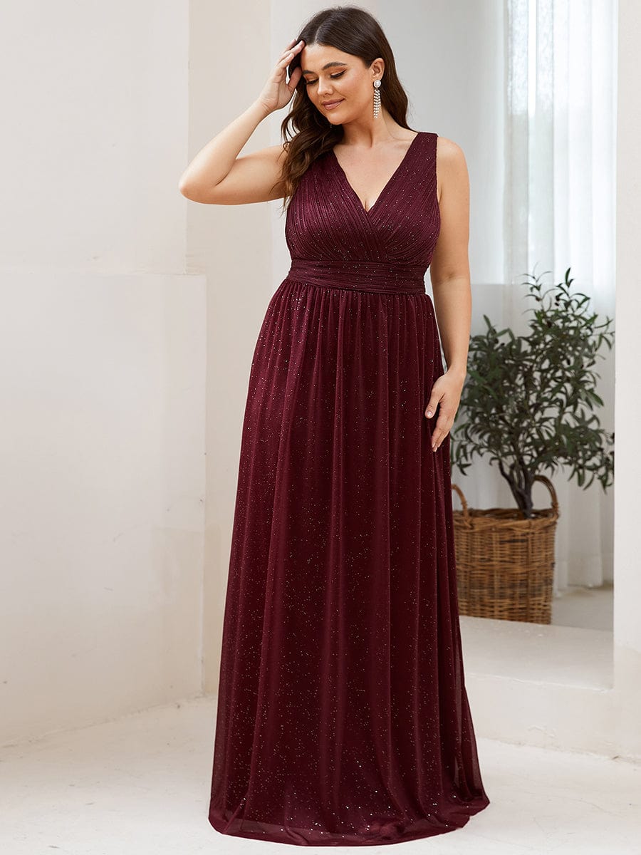 Custom Size Double V Neck Floor Length Sparkly Evening Dresses for Party #color_Burgundy