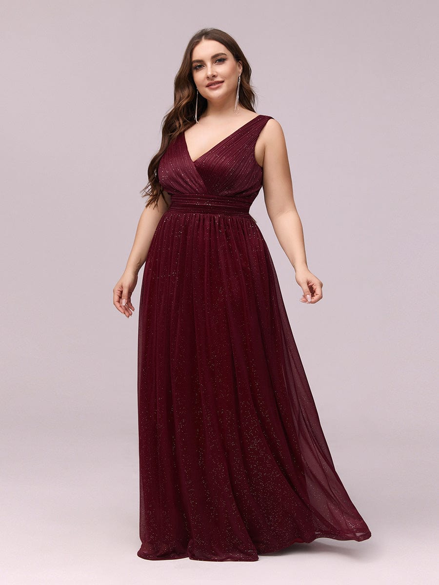 Double V Neck Maxi Long Plus Size Sparkly Evening Dresses for Party #color_Burgundy 