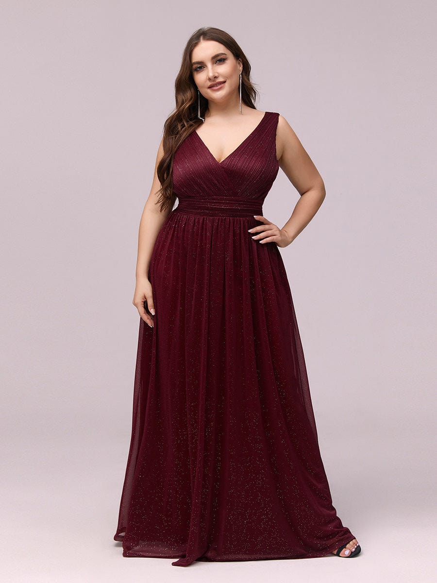 Double V Neck Maxi Long Plus Size Sparkly Evening Dresses for Party #color_Burgundy 