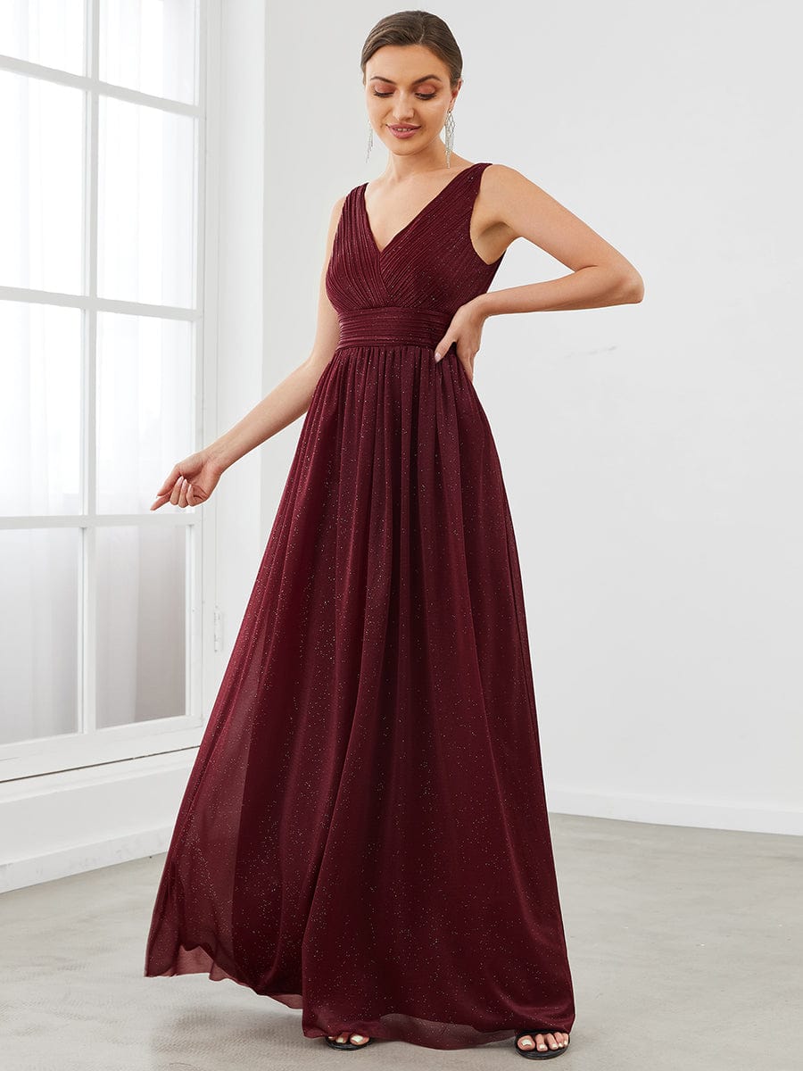 Double V Neck Floor Length Sparkly Evening Dresses for Party #color_Burgundy