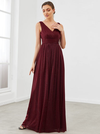 Double V Neck Floor Length Sparkly Evening Dresses for Party #color_Burgundy