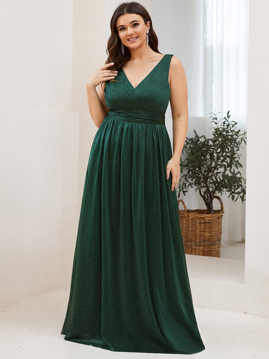 Custom Size Double V Neck Floor Length Sparkly Evening Dresses for Party #color_Dark Green