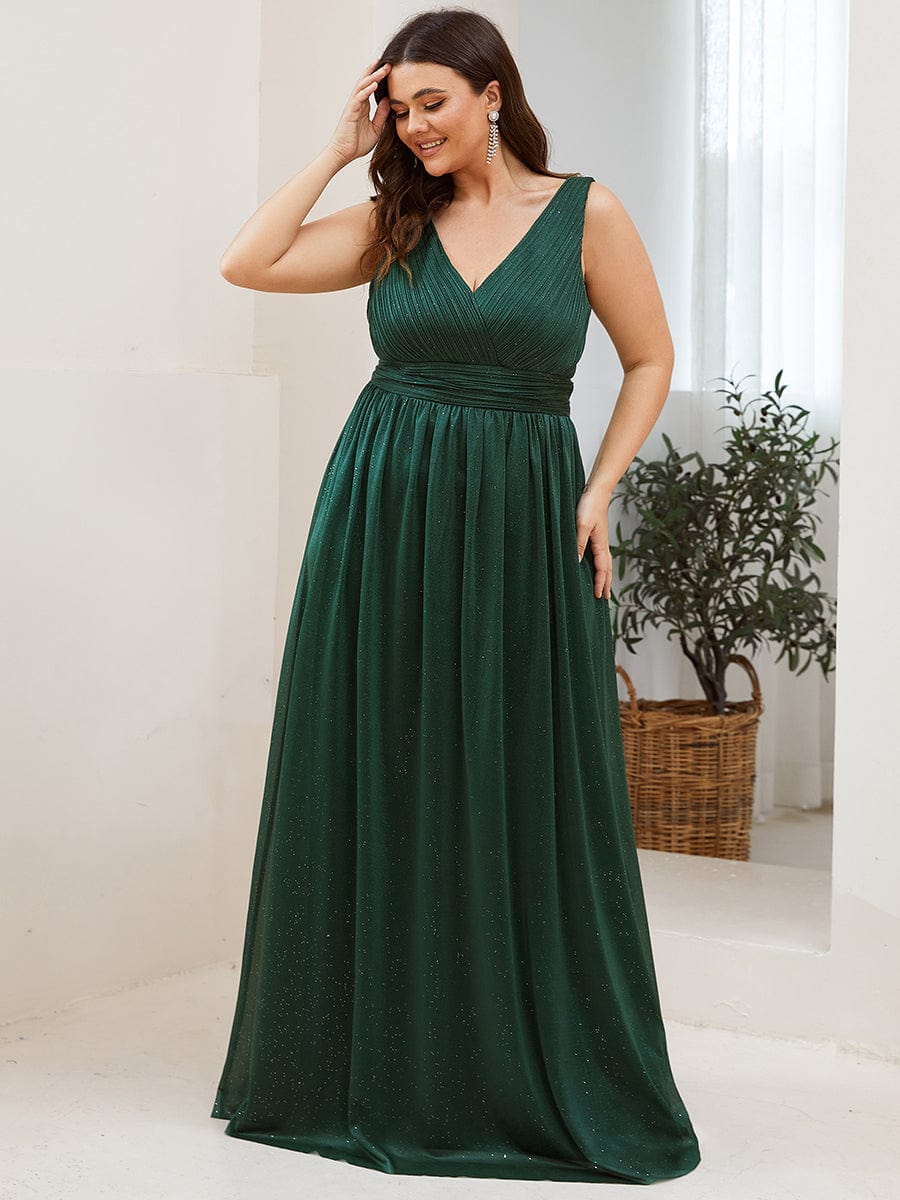 Custom Size Double V Neck Floor Length Sparkly Evening Dresses for Party #color_Dark Green