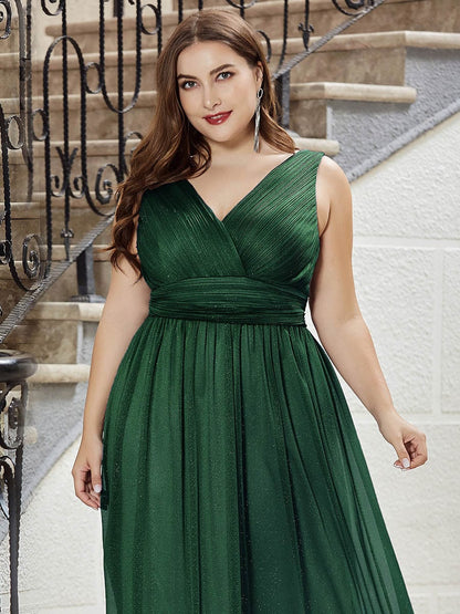 Double V Neck Maxi Long Plus Size Sparkly Evening Dresses for Party #color_Dark Green 