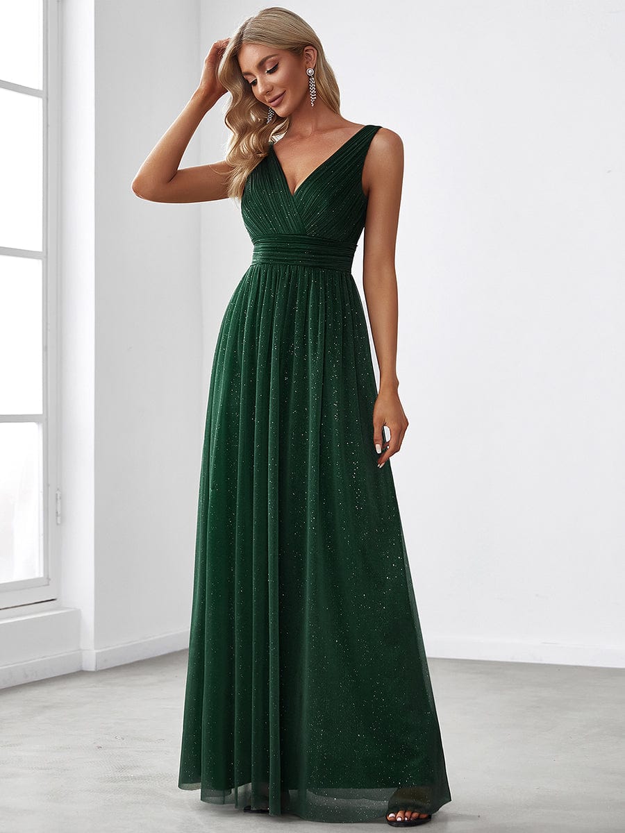 Double V Neck Floor Length Sparkly Evening Dresses for Party #color_Dark Green