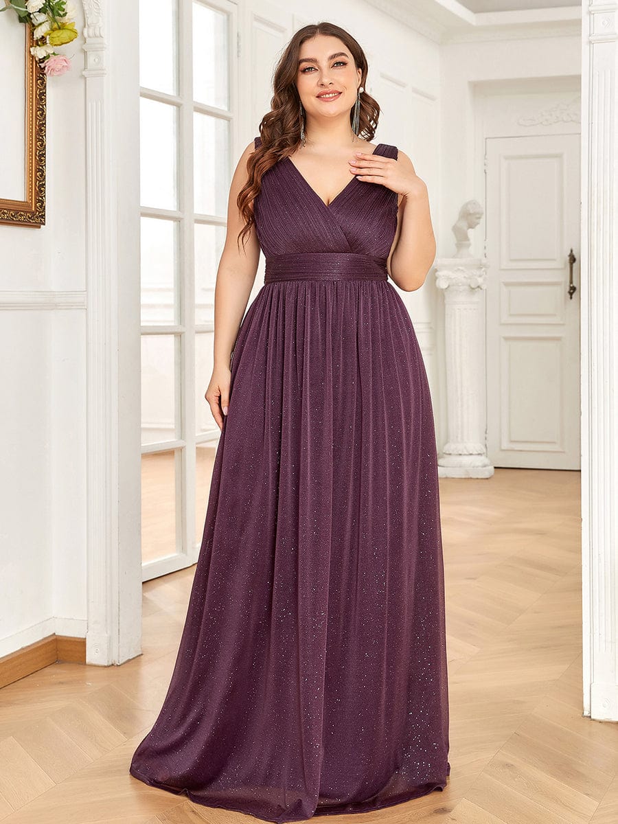 Custom Size Double V Neck Floor Length Sparkly Evening Dresses for Party #color_Dark Purple