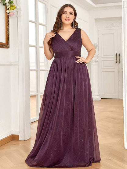 Custom Size Double V Neck Floor Length Sparkly Evening Dresses for Party #color_Dark Purple