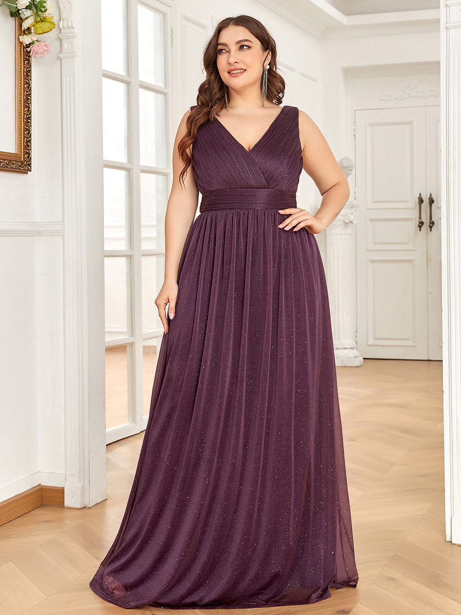 Double V Neck Floor Length Sparkly Evening Dresses for Party #color_Dark Purple