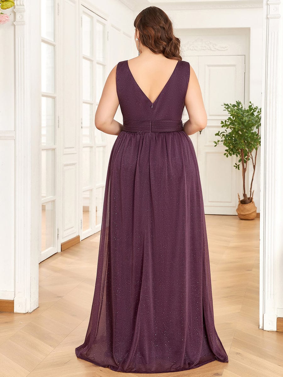 Double V Neck Floor Length Sparkly Evening Dresses for Party #color_Dark Purple