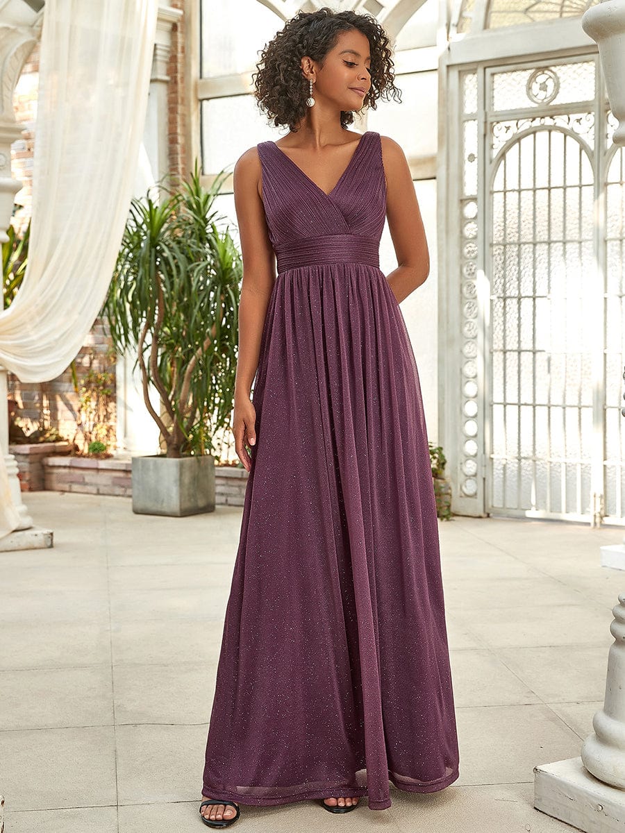 Double V Neck Floor Length Sparkly Evening Dresses for Party #color_Dark Purple