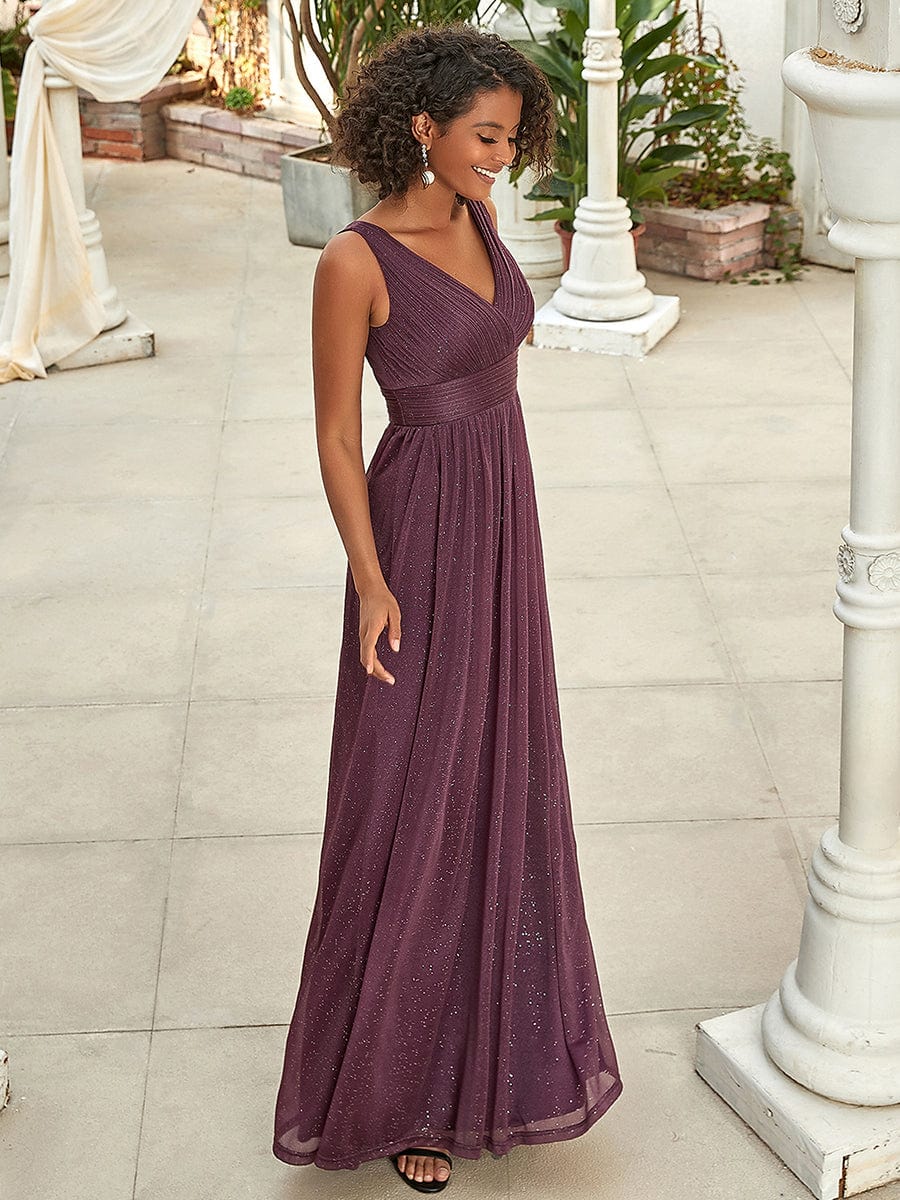 Double V Neck Floor Length Sparkly Evening Dresses for Party #color_Dark Purple