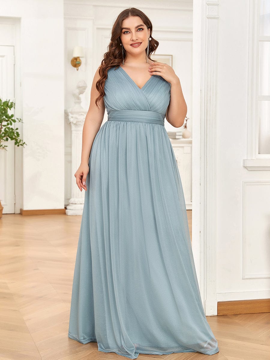 Double V Neck Maxi Long Plus Size Sparkly Evening Dresses for Party #color_Mist 