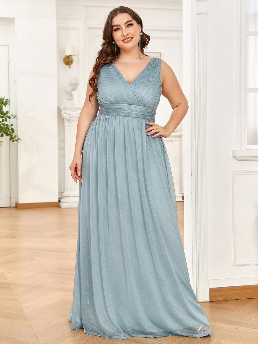 Double V Neck Maxi Long Plus Size Sparkly Evening Dresses for Party #color_Mist 