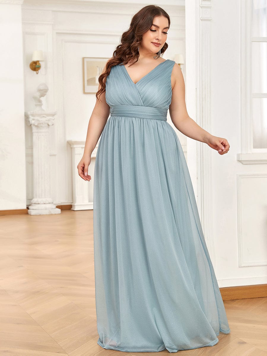 Double V Neck Maxi Long Plus Size Sparkly Evening Dresses for Party #color_Mist 