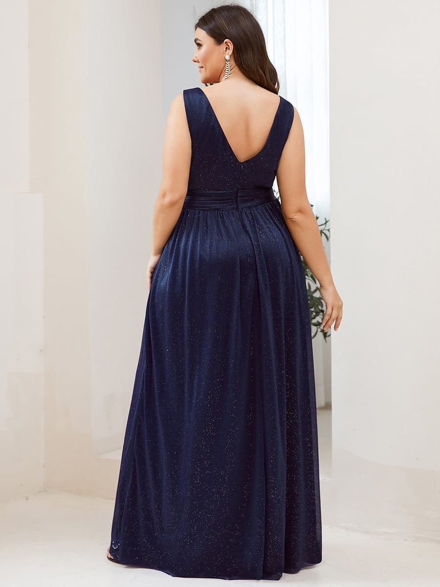 Double V Neck Floor Length Sparkly Evening Dresses for Party #color_Navy Blue