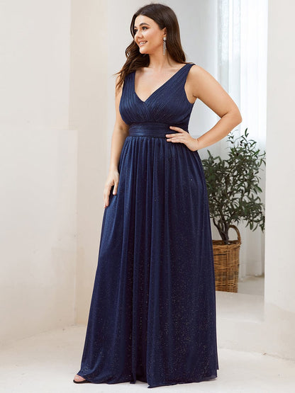 Custom Size Double V Neck Floor Length Sparkly Evening Dresses for Party #color_Navy Blue