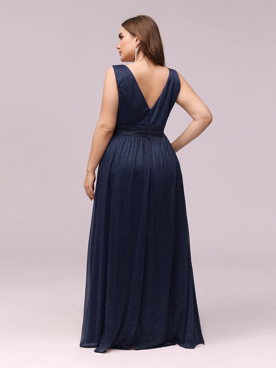 Double V Neck Maxi Long Plus Size Sparkly Evening Dresses for Party #color_Navy Blue 