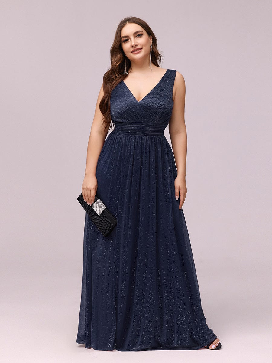 Double V Neck Maxi Long Plus Size Sparkly Evening Dresses for Party #color_Navy Blue 