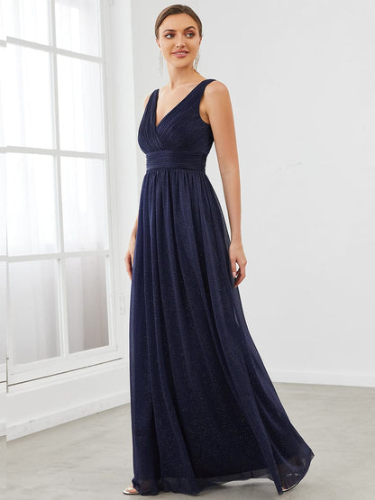 Double V Neck Floor Length Sparkly Evening Dresses for Party #color_Navy Blue