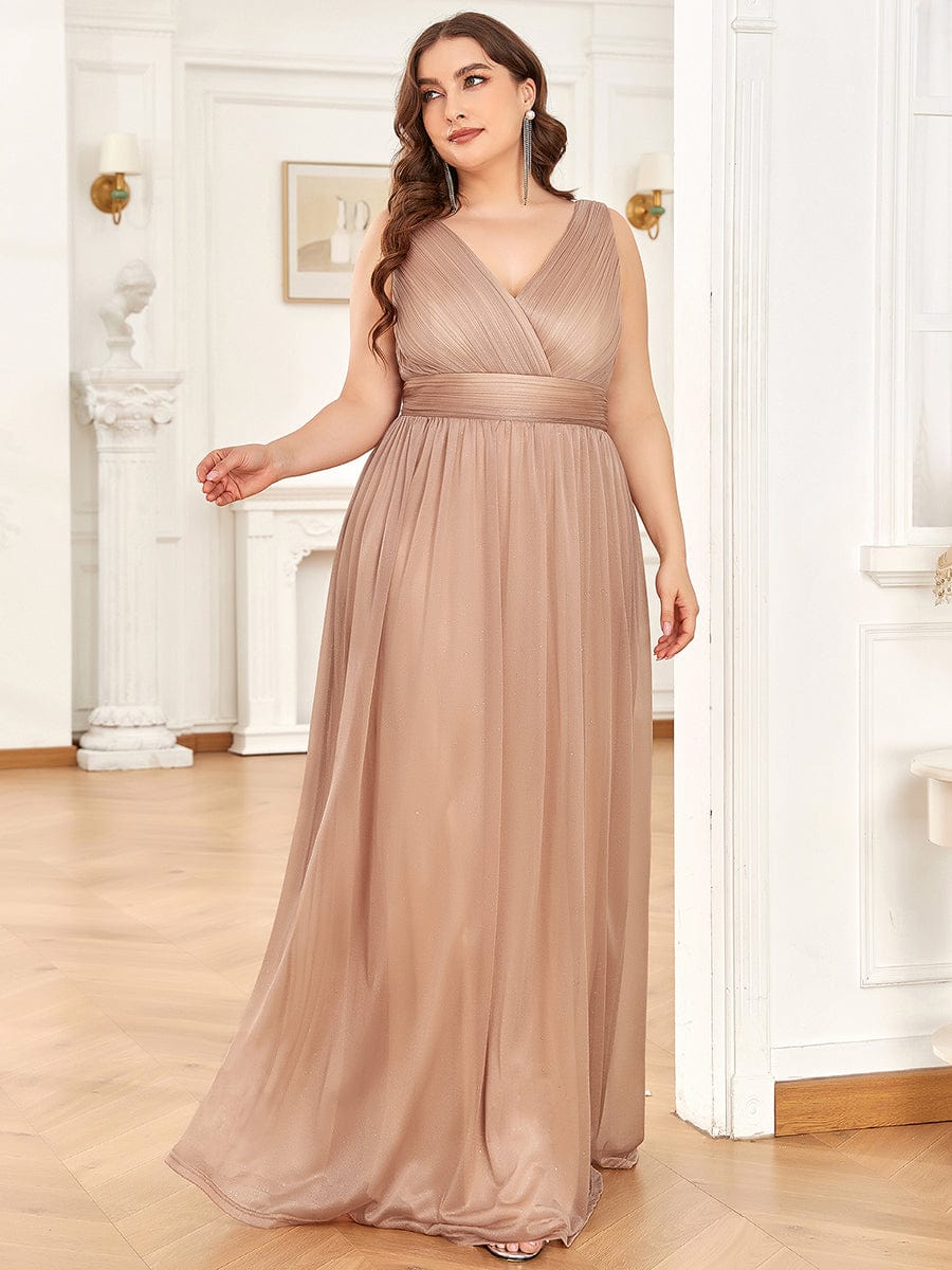 Double V Neck Maxi Long Plus Size Sparkly Evening Dresses for Party #color_Rose Gold 