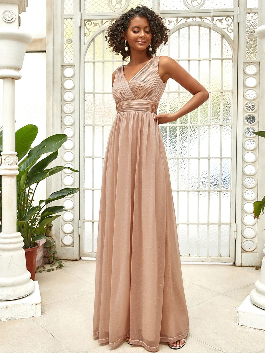 Double V Neck Floor Length Sparkly Evening Dresses for Party #color_Rose Gold