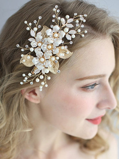 Delicate Handmade Floral Decoration Headwear Pearl Hairpin #color_Gold