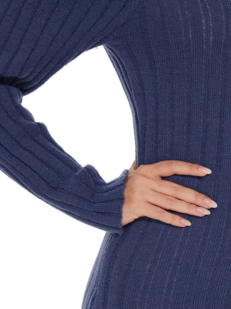 Ribbed Long Sleeve V-Neck Bodycon Knit Sweater Dress #color_Navy Blue