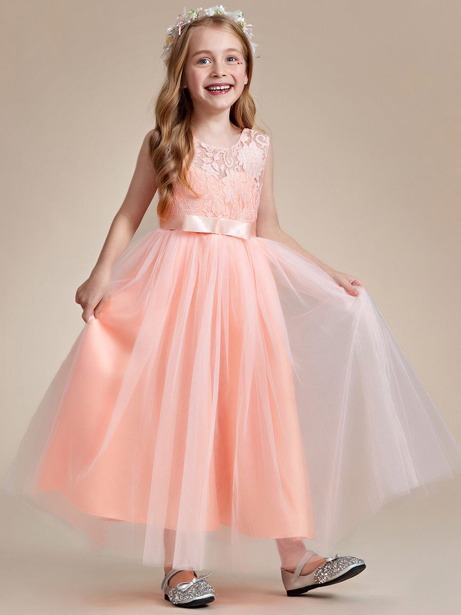 Princess Bow Sleeveless Lace Tulle Flower Girl Dress #color_Blush