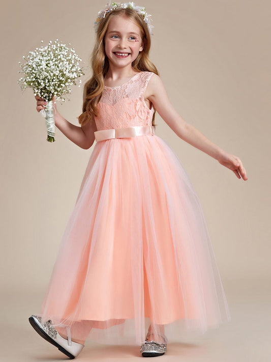 Princess Bow Sleeveless Lace Tulle Flower Girl Dress #color_Blush