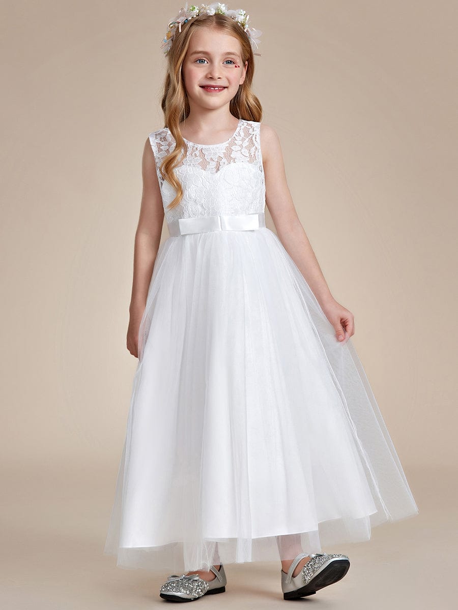 Princess Bow Sleeveless Lace Tulle Flower Girl Dress #color_White