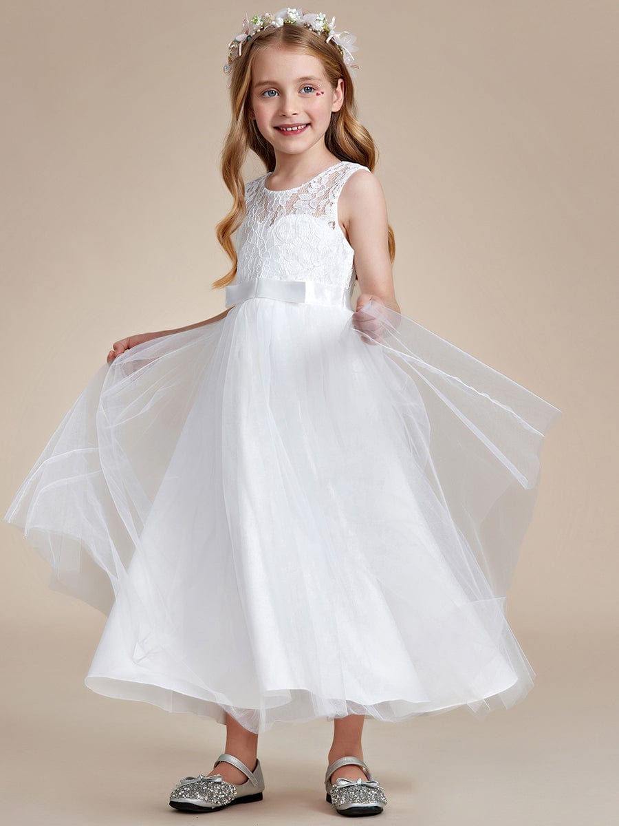 Princess Bow Sleeveless Lace Tulle Flower Girl Dress #color_White