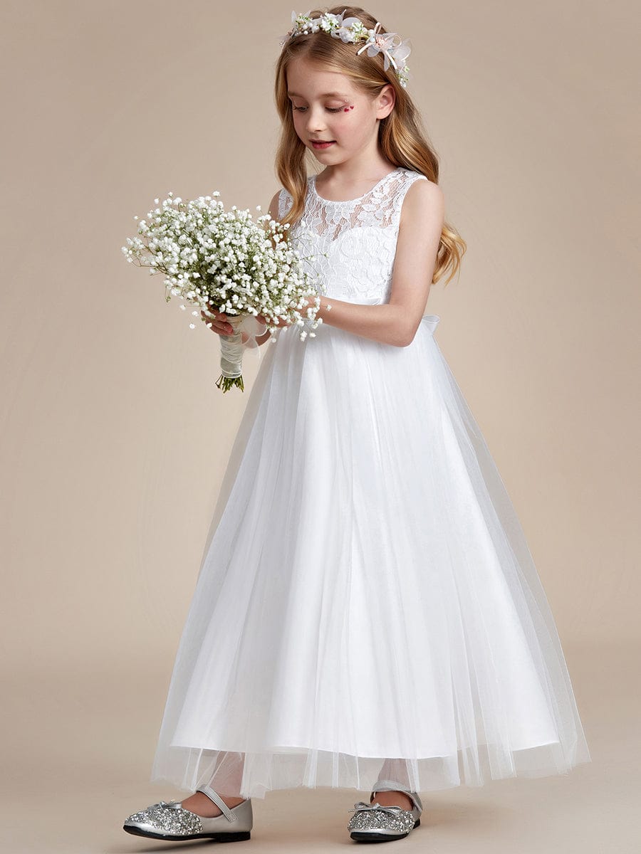 Princess Bow Sleeveless Lace Tulle Flower Girl Dress #color_White