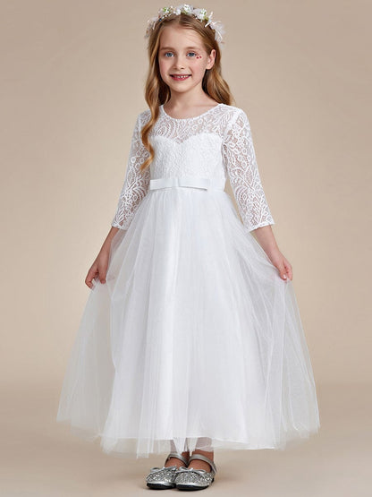 Charming Bow Lace Flower Girl Dress with Long Sleeves #color_White