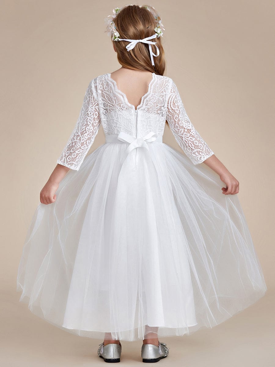 Charming Bow Lace Flower Girl Dress with Long Sleeves #color_White