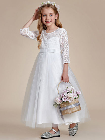 Charming Bow Lace Flower Girl Dress with Long Sleeves #color_White