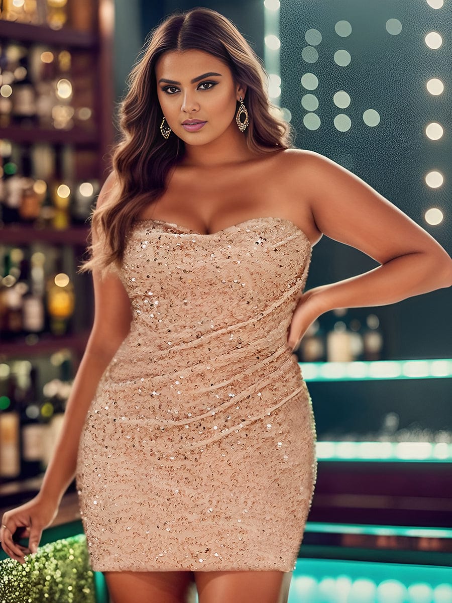 Short Strapless Sequin Backless Homecoming Dress #color_Rose Gold