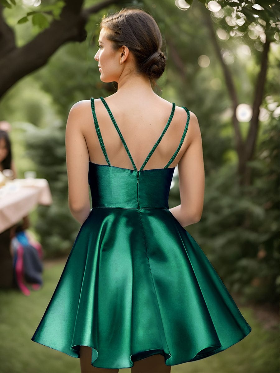 Double Spaghetti Strap with Rhinestone Satin A-Line Homecoming Dress #color_Dark Green