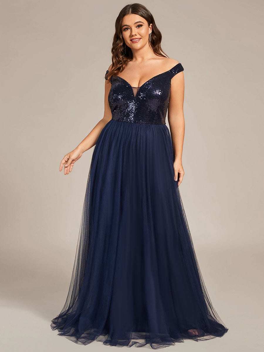 Custom Size A-line Sequin Off the Shoulder Maxi Tulle Evening Dress #color_Navy Blue