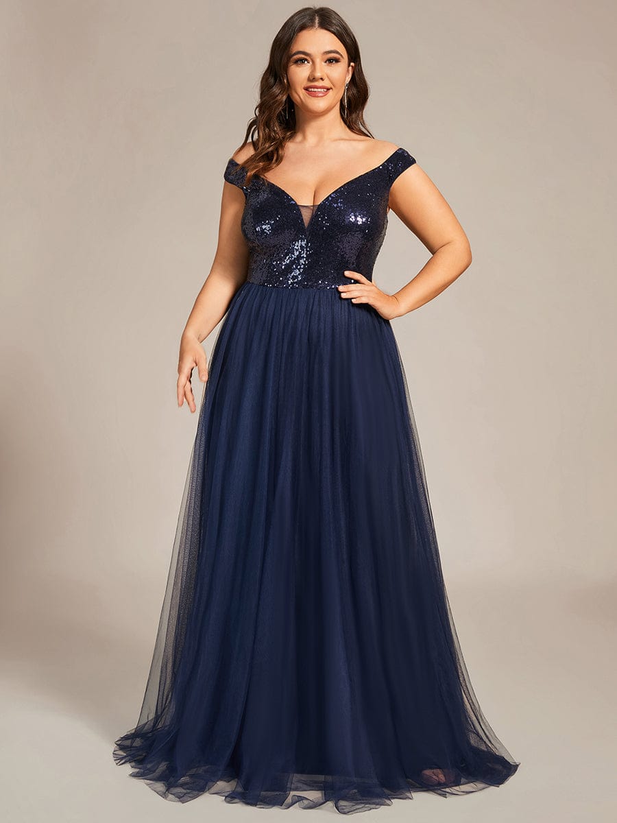 Custom Size A-line Sequin Off the Shoulder Maxi Tulle Evening Dress #color_Navy Blue