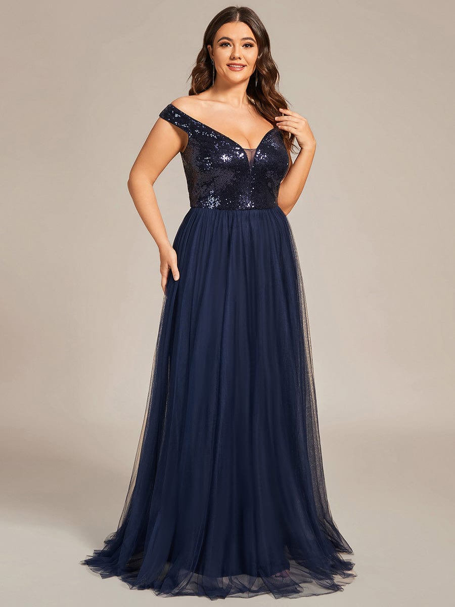 Custom Size A-line Sequin Off the Shoulder Maxi Tulle Evening Dress #color_Navy Blue