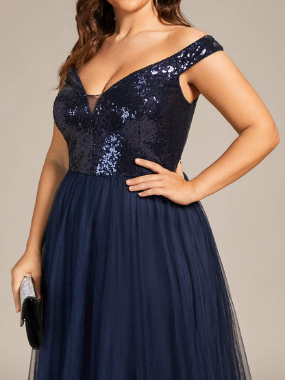 Custom Size A-line Sequin Off the Shoulder Maxi Tulle Evening Dress #color_Navy Blue