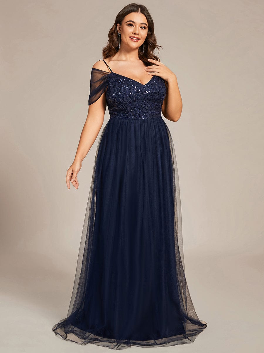 Custom Size Sequin Bodice Cold Shoulder Floor Length Tulle Bridesmaid Dress #color_Navy Blue