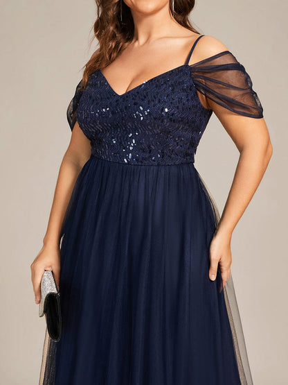 Custom Size Sequin Bodice Cold Shoulder Floor Length Tulle Bridesmaid Dress #color_Navy Blue