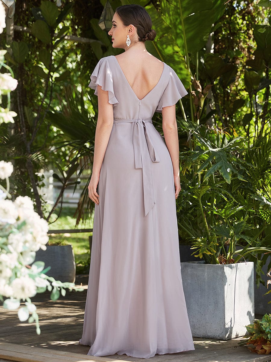 Short Ruffle Sleeve V-Neck Pleated Chiffon A-Line Evening Dress #color_Lilac 