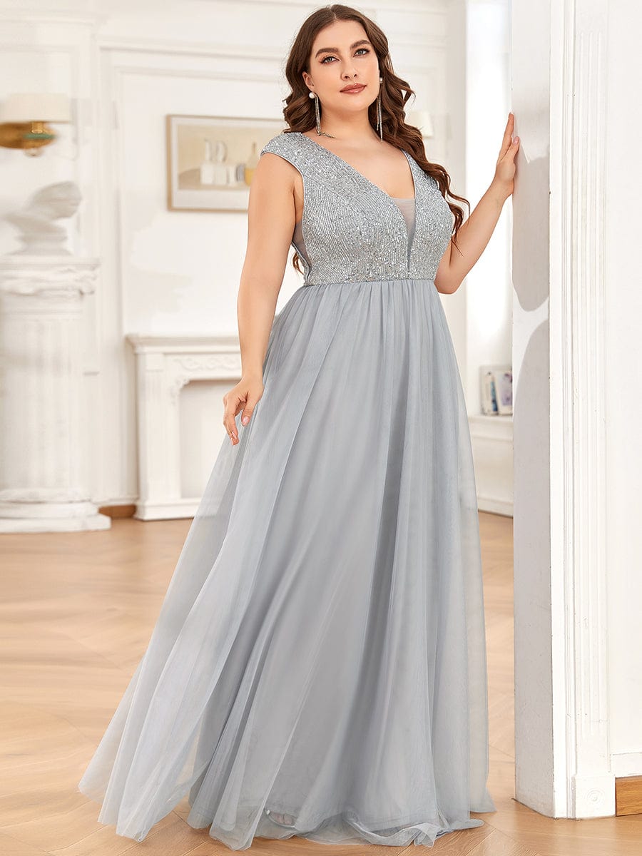 Custom Size Sequin Illusion Plunging V-Neckline Sleeveless A-Line Tulle Evening Dress #color_Grey 