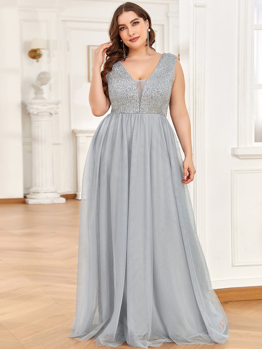 Custom Size Sequin Illusion Plunging V-Neckline Sleeveless A-Line Tulle Evening Dress #color_Grey 