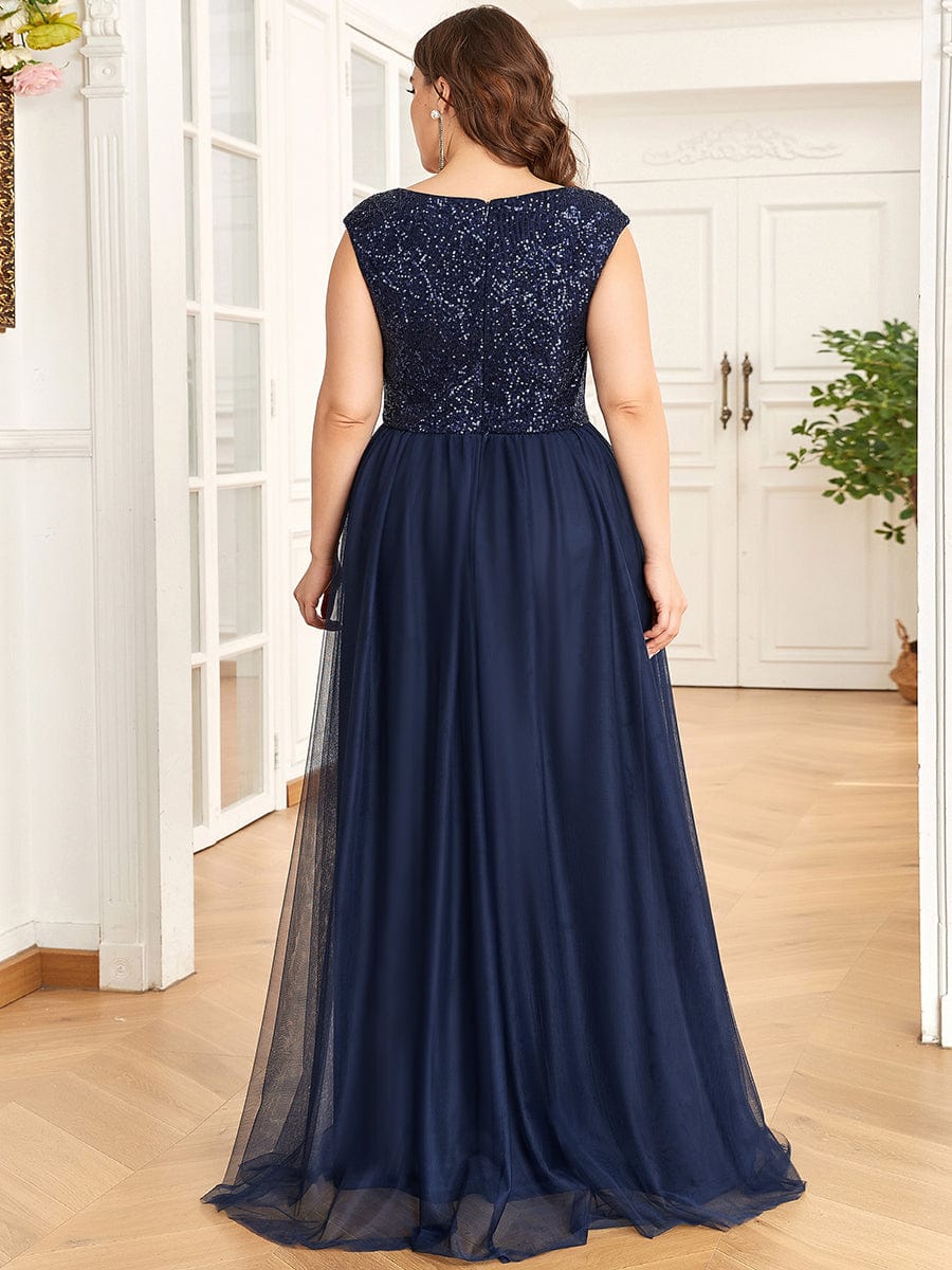 Custom Size Sequin Illusion Plunging V-Neckline Sleeveless A-Line Tulle Evening Dress #color_Navy Blue 